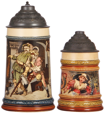 Two Mettlach steins, .3L, 1055[2271], PUG, pewter lid, mint; with, .25L, 957[2181], PUG, pewter lid, mint.