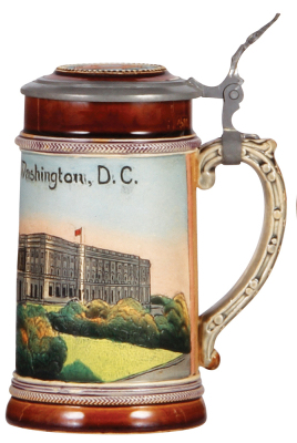 Pottery stein, .5L, etched, by J.W. Remy, The Capitol Washington D.C., inlaid lid, mint  - 2