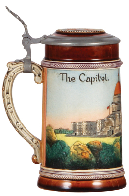 Pottery stein, .5L, etched, by J.W. Remy, The Capitol Washington D.C., inlaid lid, mint  - 3