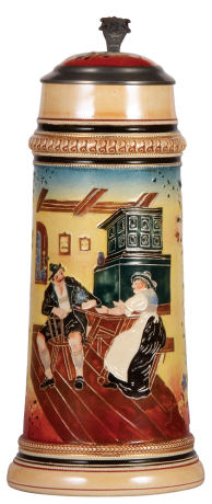 Pottery stein, 2.0L, 13.3" ht., by Diesinger, threading, inlaid lid, a few small glaze flakes.