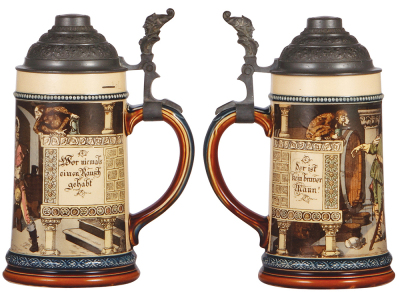 Two Mettlach steins, .3L, 1055[2271], PUG, pewter lid, mint; with, .25L, 957[2181], PUG, pewter lid, mint. - 2