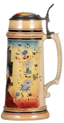 Pottery stein, 2.0L, 13.3" ht., by Diesinger, threading, inlaid lid, a few small glaze flakes. - 2