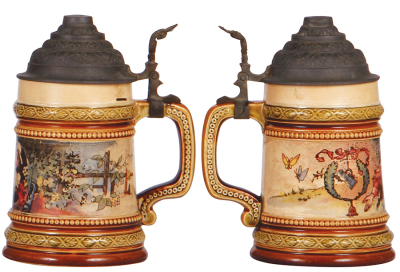 Two Mettlach steins, .3L, 1055[2271], PUG, pewter lid, mint; with, .25L, 957[2181], PUG, pewter lid, mint. - 3