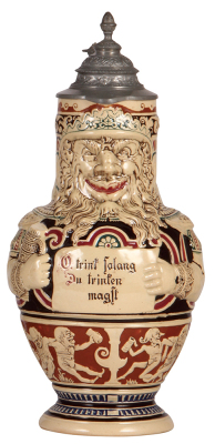 Character stein, 2.0L, 13.7" ht., pottery, marked 156, by Dümler & Breiden, Bartmannskrug, mint. 