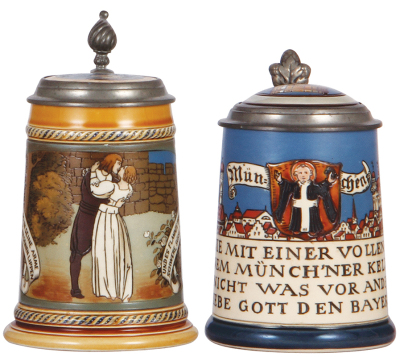 Two Mettlach steins, .5L, 2009, etched, inlaid lid, fair repair of inlay; with, .5L, 2002, etched, inlaid lid, pewter tear in rear.