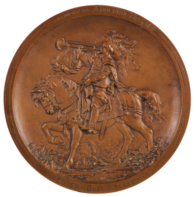 Anheuser-Busch, St. Louis, Mo. bronze plaque, 12.0” d., cast, Compliments of Adolphus Busch, excellent condition.