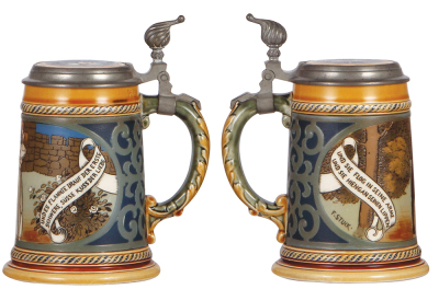 Two Mettlach steins, .5L, 2009, etched, inlaid lid, fair repair of inlay; with, .5L, 2002, etched, inlaid lid, pewter tear in rear. - 2