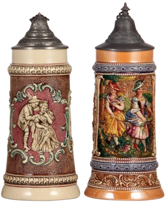 Two Diesinger steins, 1.0L, pottery, 513, relief, pewter lid, small relief flakes; with, .5L, relief, 939, pewter lid slightly dented, otherwise very good condition.