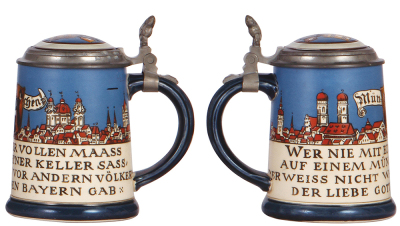 Two Mettlach steins, .5L, 2009, etched, inlaid lid, fair repair of inlay; with, .5L, 2002, etched, inlaid lid, pewter tear in rear. - 3