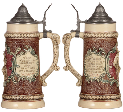 Two Diesinger steins, 1.0L, pottery, 513, relief, pewter lid, small relief flakes; with, .5L, relief, 939, pewter lid slightly dented, otherwise very good condition. - 2