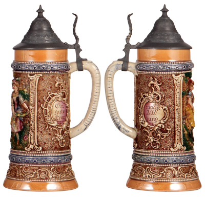 Two Diesinger steins, 1.0L, pottery, 513, relief, pewter lid, small relief flakes; with, .5L, relief, 939, pewter lid slightly dented, otherwise very good condition. - 3