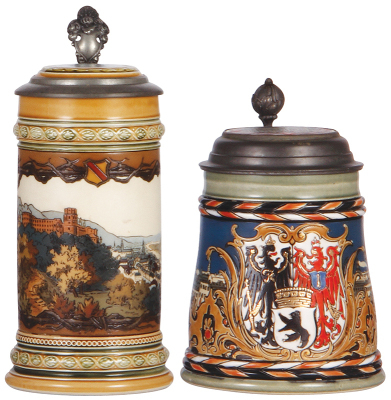 Two Mettlach steins, .5L, 1675, etched, inlaid lid, mint; with, .5L, 2024, etched, Berlin, inlaid lid, excellent repair of inlay, body mint.