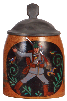 Stoneware stein, .5L, transfer & enameled, marked R. Merkelbach, 2216, and Hohlwein, pewter lid, very rare, lid dents, body mint.