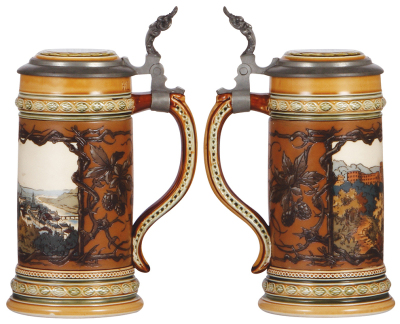 Two Mettlach steins, .5L, 1675, etched, inlaid lid, mint; with, .5L, 2024, etched, Berlin, inlaid lid, excellent repair of inlay, body mint. - 2