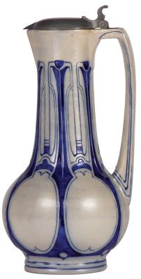 Stoneware stein, 1.0L, 12.5" ht., incised, marked Gerz, 1146B, Art Nouveau artist Peter Behrens, mint. 