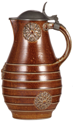 Stoneware stein, 12.0'' ht., relief, marked 2186, made by Reinhold Merkelbach, designed by Paul Wynand, brown saltglaze, Art Nouveau, pewter lid, mint.