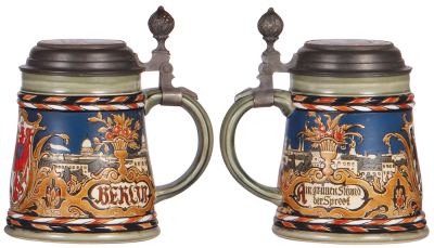 Two Mettlach steins, .5L, 1675, etched, inlaid lid, mint; with, .5L, 2024, etched, Berlin, inlaid lid, excellent repair of inlay, body mint. - 3