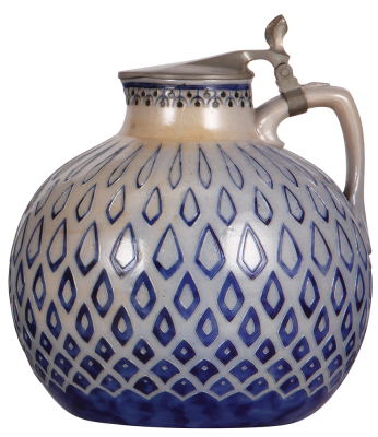 Stoneware stein, .10.2'' ht., relief, marked 1769, made by Reinhold Merkelbach, designed by R. Riemerschmid, blue saltglaze, Art Nouveau, pewter lid, mint.