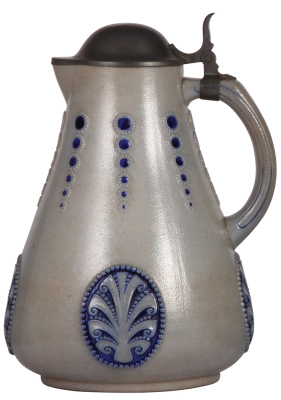 Stoneware stein, 10.2'' ht., relief, marked 1444B, made by S.P. Gerz, designed by Paul Wynand, blue saltglaze, Art nouveau, pewter lid, mint.