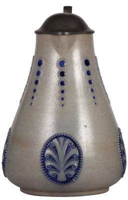 Stoneware stein, 10.2'' ht., relief, marked 1444B, made by S.P. Gerz, designed by Paul Wynand, blue saltglaze, Art nouveau, pewter lid, mint. - 2