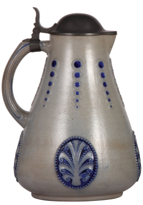 Stoneware stein, 10.2'' ht., relief, marked 1444B, made by S.P. Gerz, designed by Paul Wynand, blue saltglaze, Art nouveau, pewter lid, mint. - 3