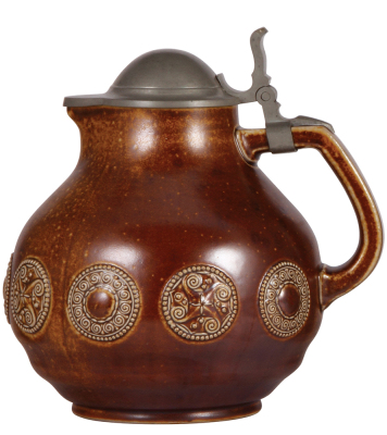 Stoneware stein, 9.1'' ht., relief, marked 6010, made by Reinhold Merkelbach, designed by Paul Wynand, brown saltglaze, Art nouveau, pewter lid, mint.