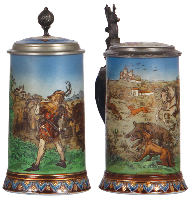 Two Mettlach steins, .5L, 2082, etched, inlaid lid, inlay crack repaired with interior color changed; with, .5L, 2083, etched, inlaid lid, fair repair of body cracks.