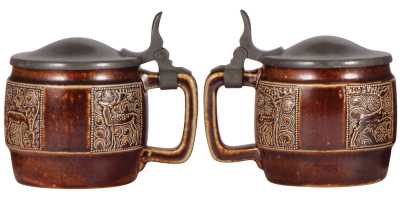 Two stoneware steins, .5L, relief, marked Reinhold Merkelbach, 2138, by Albin Müller, pewter lid, mint; with, .5L, relief, 8201, Art Nouveau, pewter lid, mint.  - 2
