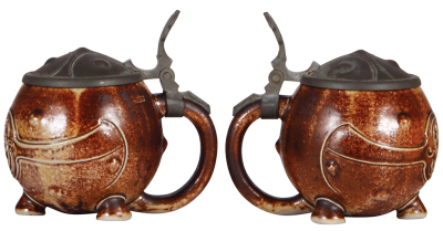 Two stoneware steins, .5L, relief, marked Reinhold Merkelbach, 2138, by Albin Müller, pewter lid, mint; with, .5L, relief, 8201, Art Nouveau, pewter lid, mint.  - 3