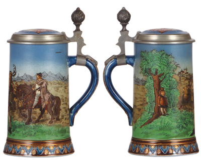 Two Mettlach steins, .5L, 2082, etched, inlaid lid, inlay crack repaired with interior color changed; with, .5L, 2083, etched, inlaid lid, fair repair of body cracks. - 2