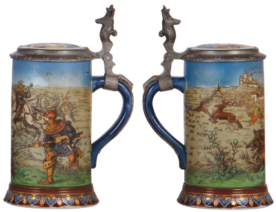 Two Mettlach steins, .5L, 2082, etched, inlaid lid, inlay crack repaired with interior color changed; with, .5L, 2083, etched, inlaid lid, fair repair of body cracks. - 3