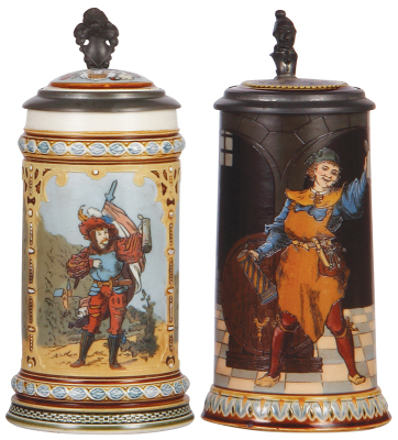 Two Mettlach steins, .5L, 2003, etched, inlaid lid, good handle repair; with, .5L, 2776, etched, inlaid lid, inlay crack.