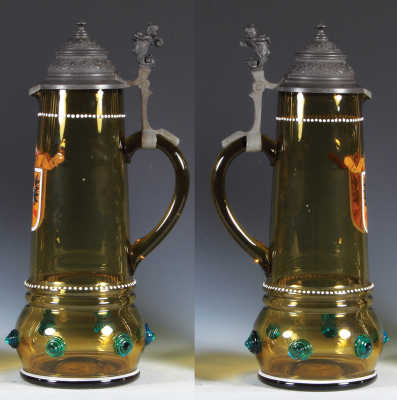 Glass stein, 14.2" ht., blown amber, blue prunts, enameled, pewter lid, mint.  - 2