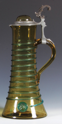 Glass stein, 15.4" ht., blown, amber, green rigaree, matching glass inlaid lid, mint. 