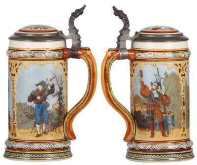 Two Mettlach steins, .5L, 2003, etched, inlaid lid, good handle repair; with, .5L, 2776, etched, inlaid lid, inlay crack. - 2