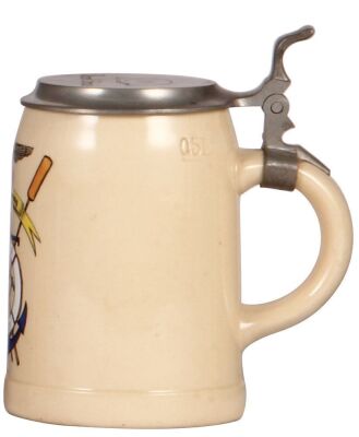 German military stein, .5L, pottery, late 1930s, Zur Erinnerung 2. Pi 7, 1. Pi. 17, pewter lid with engraved helmet & owner's name, mint.  - 2