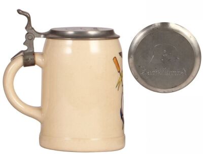 German military stein, .5L, pottery, late 1930s, Zur Erinnerung 2. Pi 7, 1. Pi. 17, pewter lid with engraved helmet & owner's name, mint.  - 3