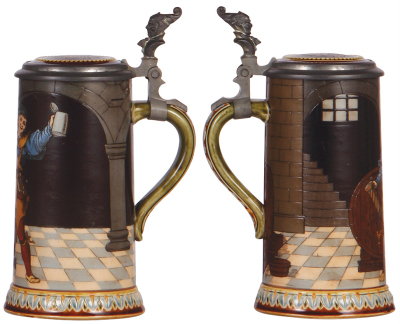 Two Mettlach steins, .5L, 2003, etched, inlaid lid, good handle repair; with, .5L, 2776, etched, inlaid lid, inlay crack. - 3