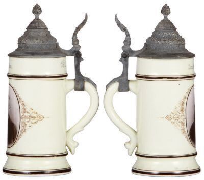 Two porcelain steins, .5L, transfer & hand-painted, photographic transfer, lithophane, pewter lid, mint; with .3L, transfer & hand-painted, photographic transfer, lithophane, pewter lid, mint. - 2