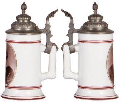 Two porcelain steins, .5L, transfer & hand-painted, photographic transfer, lithophane, pewter lid, mint; with .3L, transfer & hand-painted, photographic transfer, lithophane, pewter lid, mint. - 3