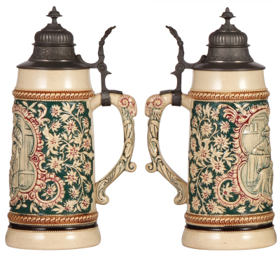 Three pottery steins, by Diesinger, 1.0L, 199, relief, pewter lid, pewter tear on strap soldered; with, .5L, 32, relief, pewter lid slightly dented, very good condition; with, .5L, 1184, threading, pewter lid, very good condition. - 2