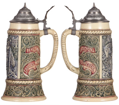 Three pottery steins, by Diesinger, 1.0L, 199, relief, pewter lid, pewter tear on strap soldered; with, .5L, 32, relief, pewter lid slightly dented, very good condition; with, .5L, 1184, threading, pewter lid, very good condition. - 3