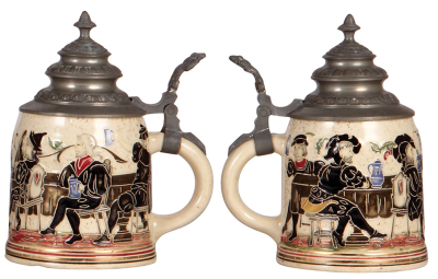 Three pottery steins, by Diesinger, 1.0L, 199, relief, pewter lid, pewter tear on strap soldered; with, .5L, 32, relief, pewter lid slightly dented, very good condition; with, .5L, 1184, threading, pewter lid, very good condition. - 4