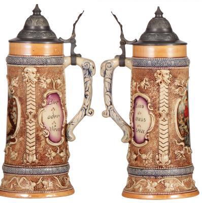 Three pottery steins, by Diesinger, 1.0L, 618, relief & transfer, pewter lid, base chip repair; with, .5L, threading & relief, pewter lid has dent; with, .5L, 1219, threading, pewter lid, very good condition. - 2