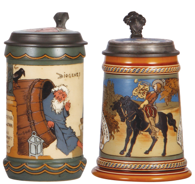 Two Mettlach steins, .5L, 3089, etched, inlaid lid, by H. Schlitt, fair repair of handle; with, .5L, 2008, etched, inlaid lid, inlay poorly repaired.