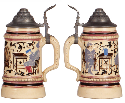 Three pottery steins, by Diesinger, 1.0L, 618, relief & transfer, pewter lid, base chip repair; with, .5L, threading & relief, pewter lid has dent; with, .5L, 1219, threading, pewter lid, very good condition. - 4