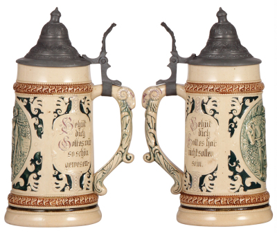 Three pottery steins, by Diesinger, 1.0L, 10, relief, pewter lid is dented; with, .5L, 577, relief, pewter lid slightly dented; with, .5L, 50, relief, pewter lid, all in good condition. - 2