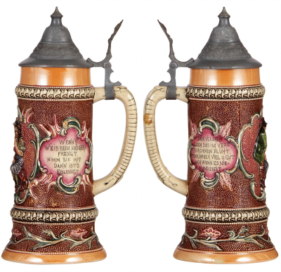 Three pottery steins, by Diesinger, 1.0L, 10, relief, pewter lid is dented; with, .5L, 577, relief, pewter lid slightly dented; with, .5L, 50, relief, pewter lid, all in good condition. - 3