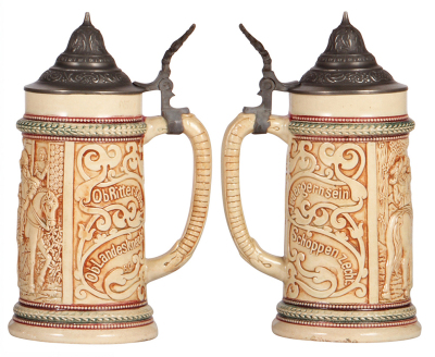 Three pottery steins, by Diesinger, 1.0L, 10, relief, pewter lid is dented; with, .5L, 577, relief, pewter lid slightly dented; with, .5L, 50, relief, pewter lid, all in good condition. - 4