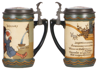 Two Mettlach steins, .5L, 3089, etched, inlaid lid, by H. Schlitt, fair repair of handle; with, .5L, 2008, etched, inlaid lid, inlay poorly repaired. - 2